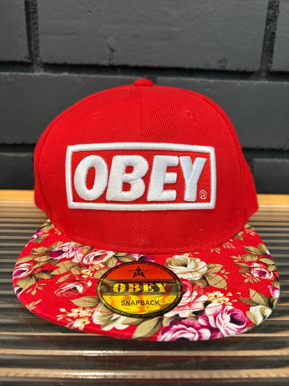 Obey Red Floral Brim Snapback Hat
